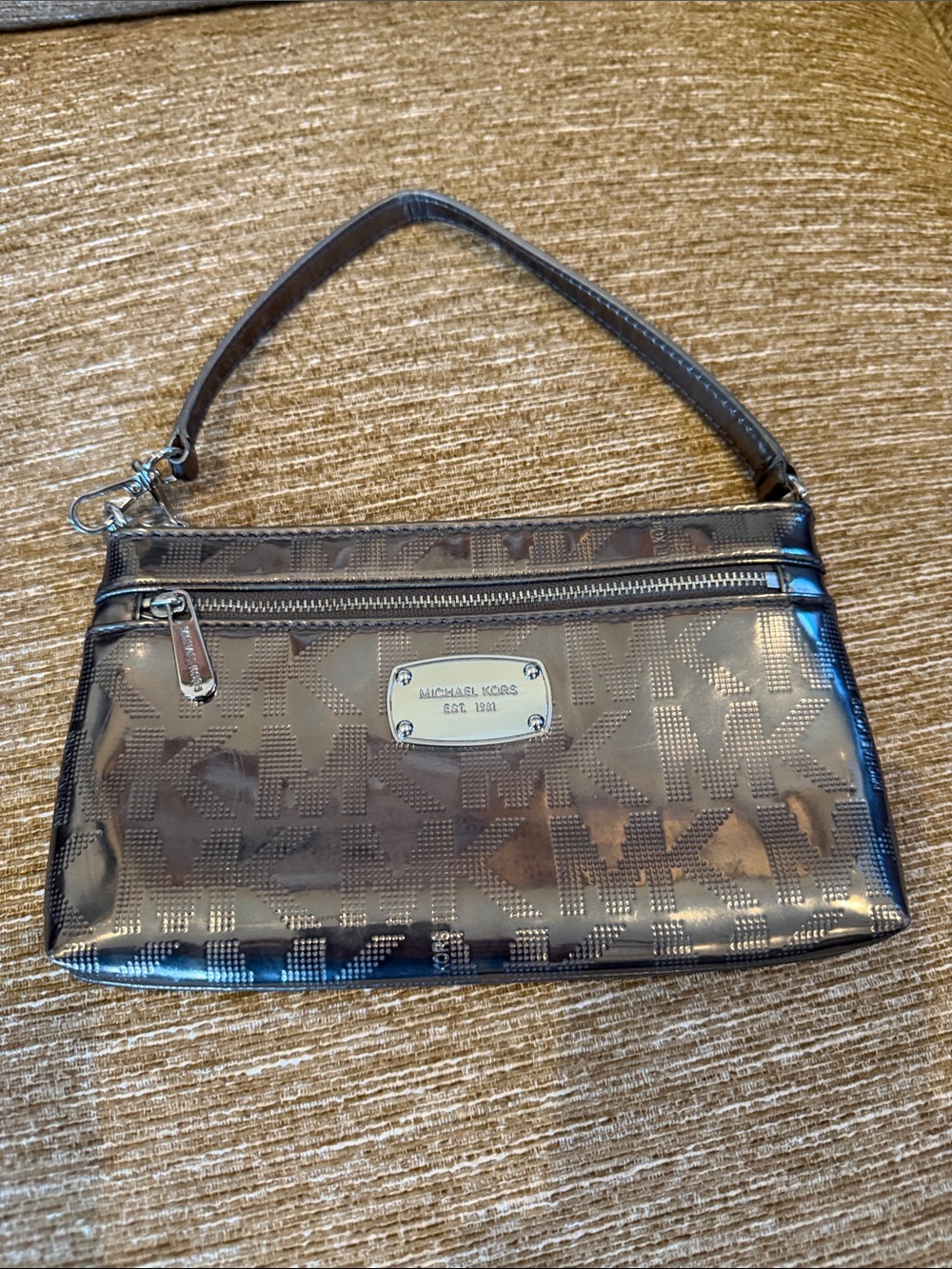 Michael Kors Metallic Gunmetal MK Logo Wristlet - Picture 8 of 9